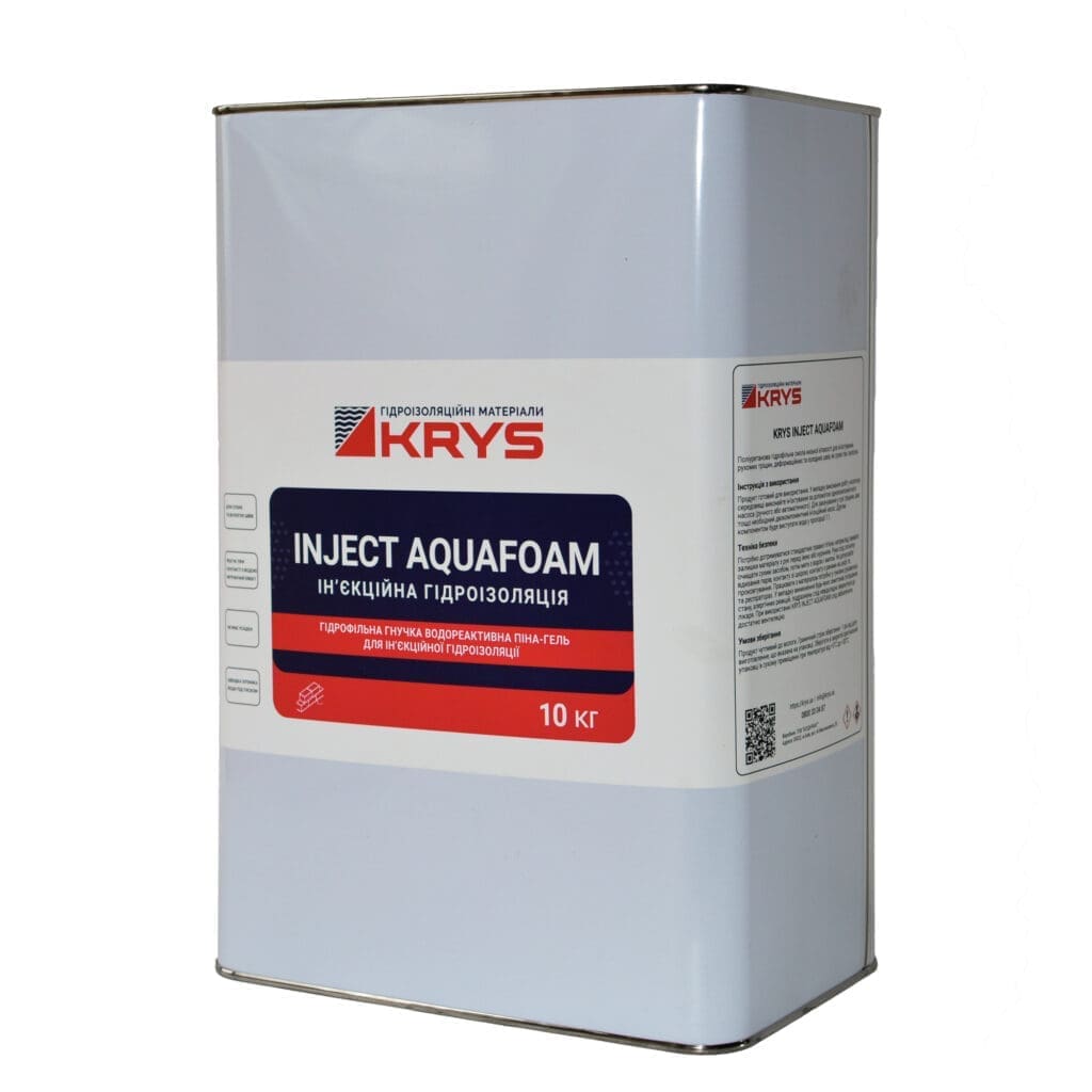 Фото упаковки 10 кг матеріалу для інʼєкційної гідроізоляції швів KRYS Inject Aquafoam