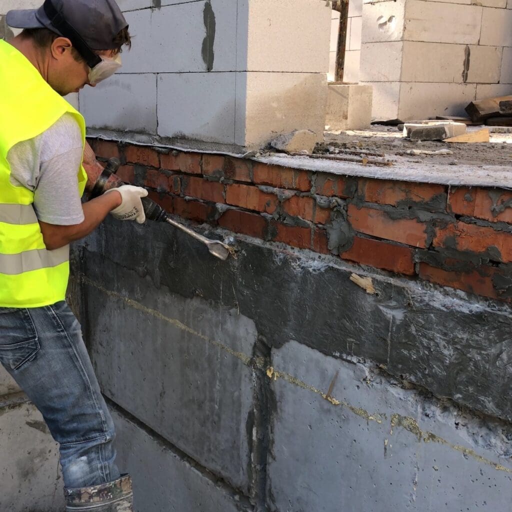 Відбивання крихки частинок зі стін фундаменту відбійним молотком