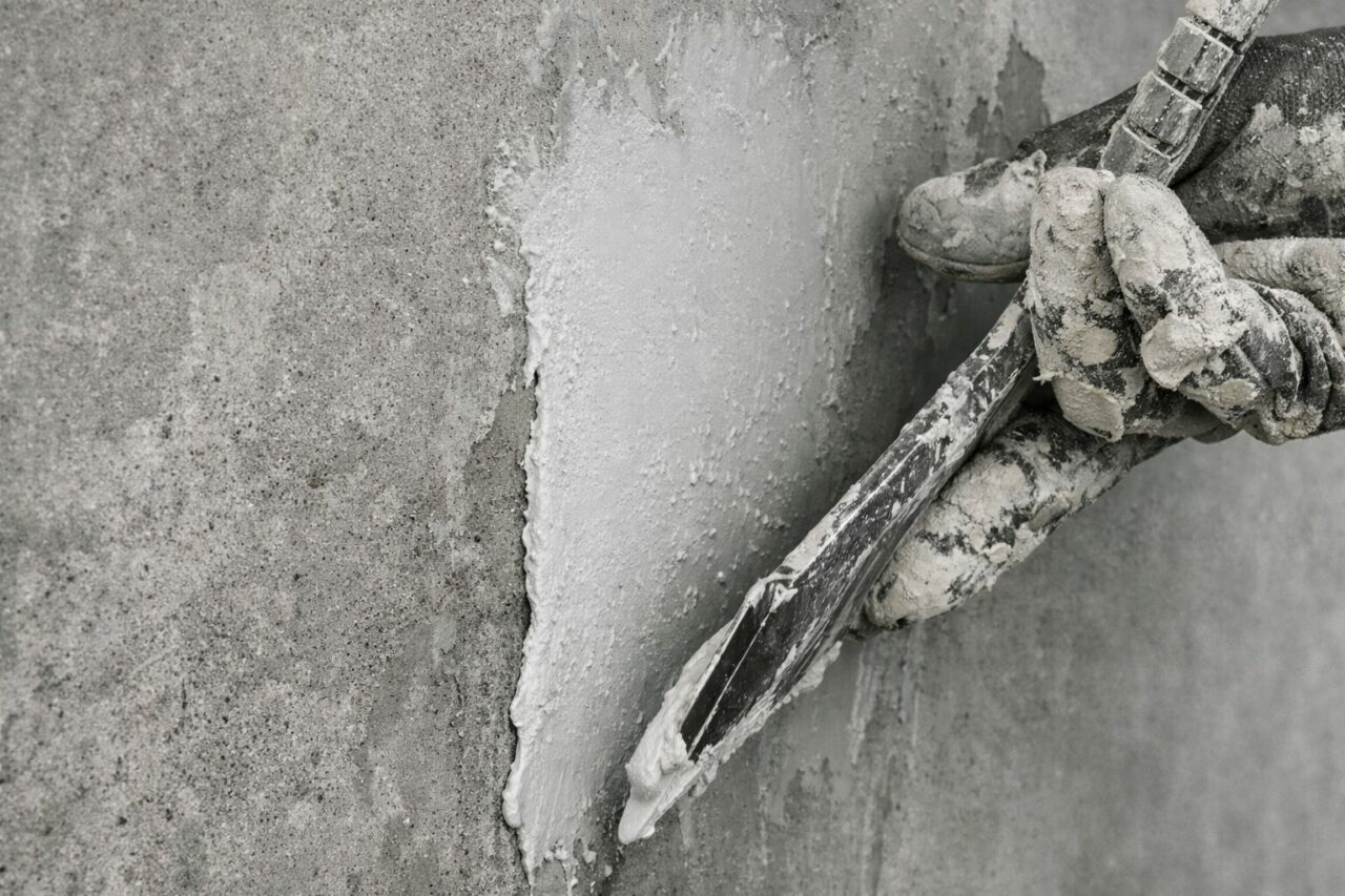 Процес нанесення на стіну шпаклювальної суміші та її коригування шпателем