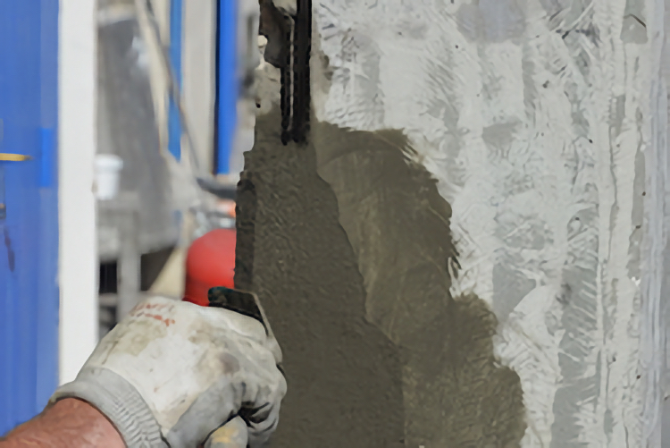 Процес нанесення ремонтної суміші та вирівнювання пошкодженого бетонного стовпу