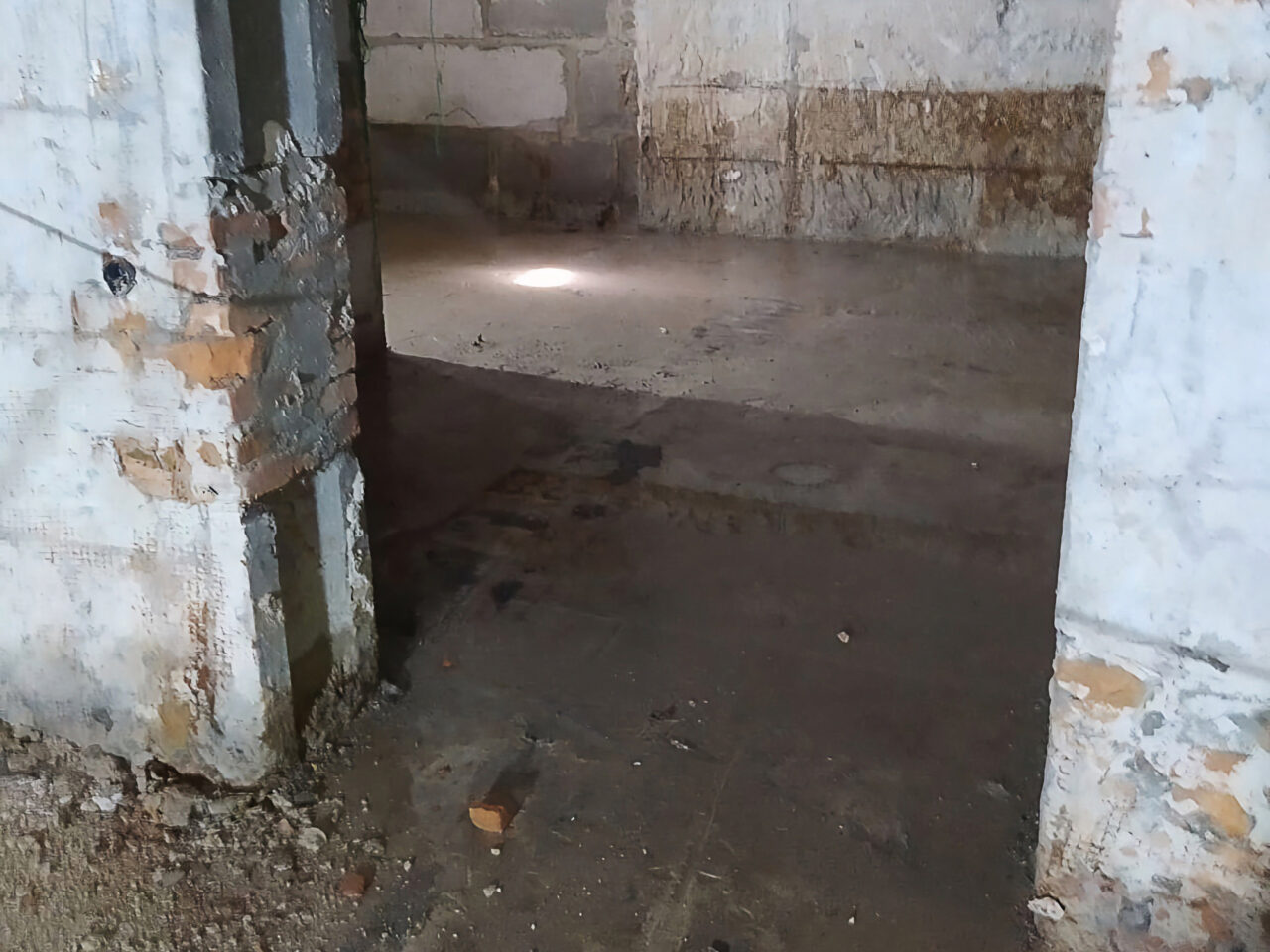 Фото затопленого підвалу з пошкодженими стінами, підлогою та водою на підлозі